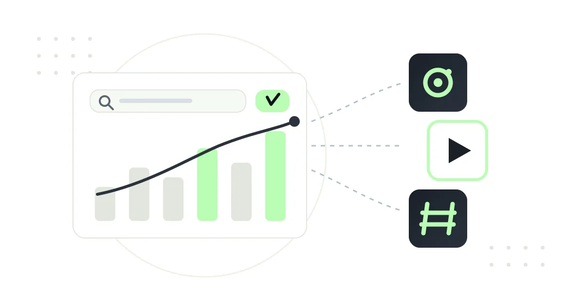 Illustration: Analytics-Dashboard mit Suchleiste und Balkendiagramm, verbunden mit Social-Media- und Video-Kanälen – die Search Console verknüpft Google-Suchdaten mit Social-Konten.