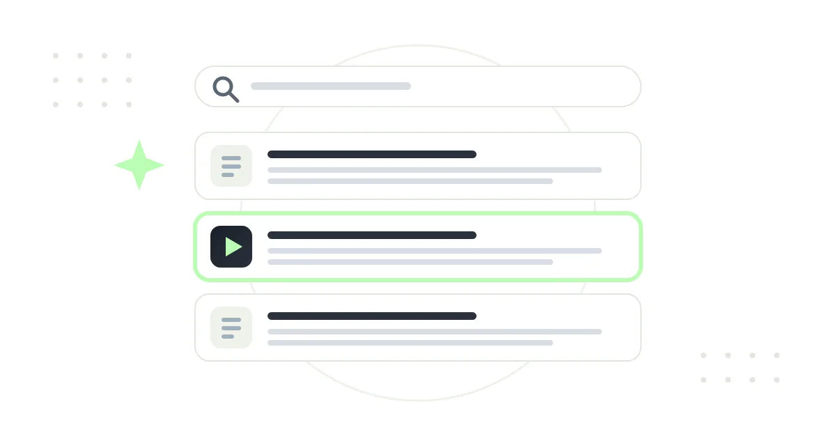 Illustration: Google-Suchresultate, in denen ein Video-Beitrag aus Social Media grün hervorgehoben zwischen klassischen Website-Treffern erscheint.