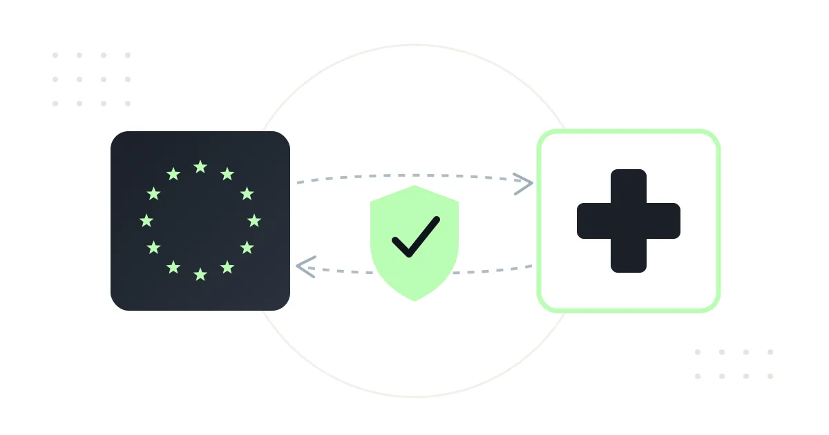 Illustration: EU-Sternenkreis und Schweizer Kreuz als zwei Karten, verbunden durch Pfeile mit einem Schutzschild in der Mitte – der EU AI Act wirkt über das Marktortprinzip in die Schweiz.